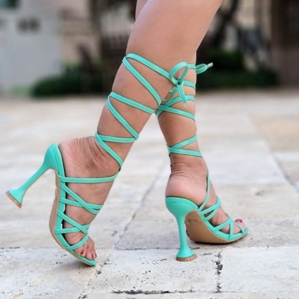 Green Lace-Up High Heel Sandals Strappy Gladiator Open Toe - Picture 4 of 5